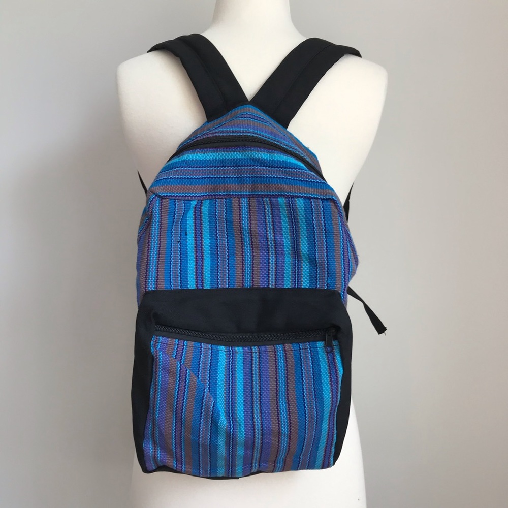 Blue striped fabric backpack